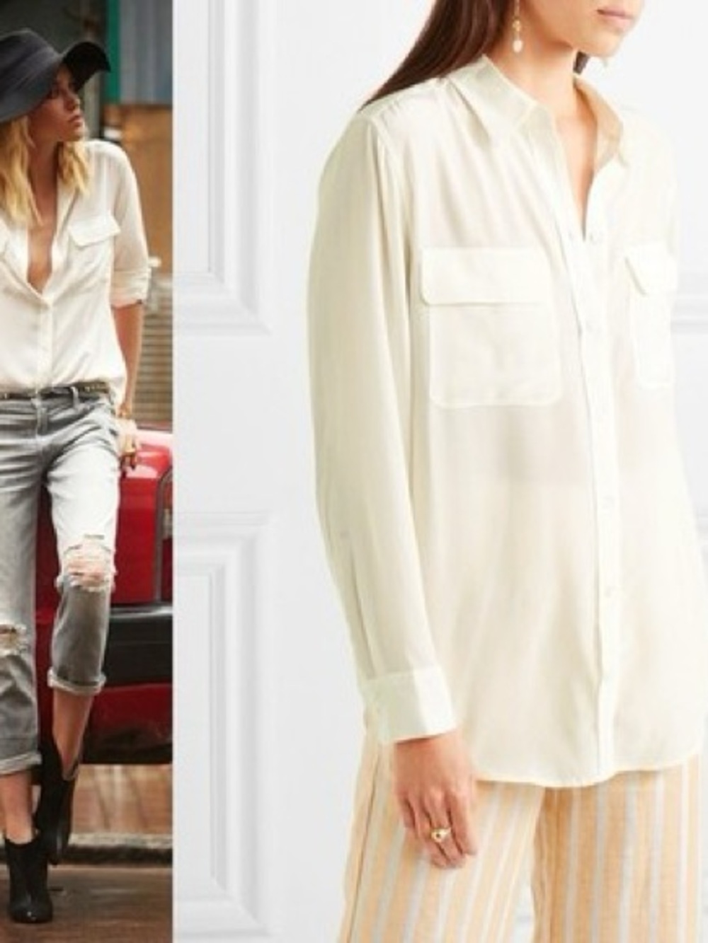 Equipment Cream Button-Up Pocket Silk Blouse